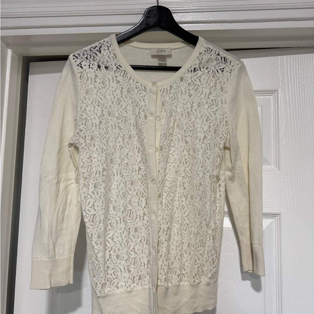 LOFT Ivory Lace Button-Up Cardigan